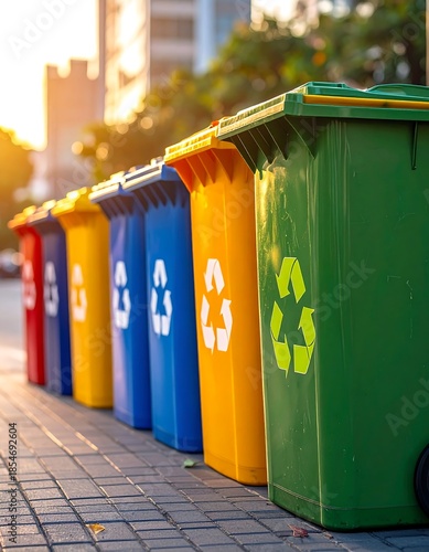 Colorful row of recycling bins on a city sidewalk in sunlight
