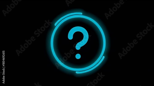 Abstract glowing question mark in neon blue color on black background