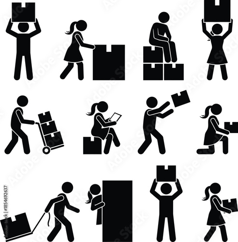 People interacting with boxes: a collection of pictogram scenes