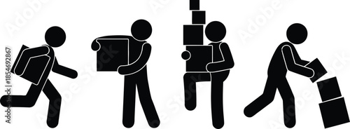 Stick figures carrying and stacking boxes in a sequence of actions