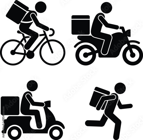 Delivery service icons: bicycle, motorcycle, scooter, and running courier