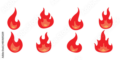 Fire and Flame Flat Icon Set. Cartoon Fire Icons Collection. Flame Symbol Vector Icons