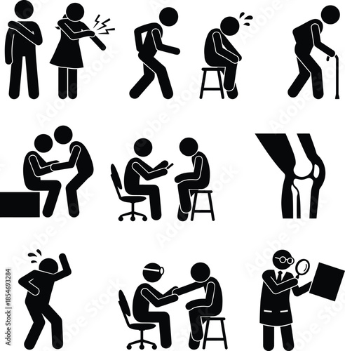 A collection of medical icons illustrating various symptoms, injuries, and patient-doctor interactions