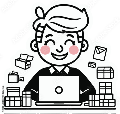 Cartoon entrepreneur packing orders at desk, e-commerce lifestyle theme, flat sticker style, clean outline, transparent background 1