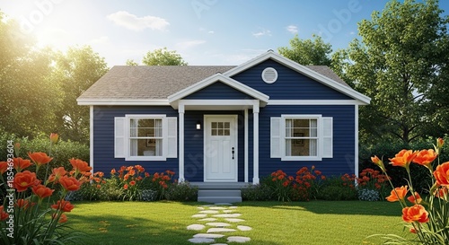 Charming dark blue single family house with white trim and a welcoming front porch, surrounded by a lush green lawn and vibrant orange flowers under bright sunshine.