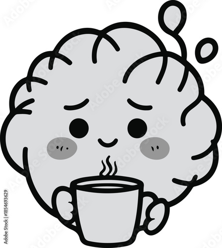 Cute cartoon brain with tired eyes and coffee cup, mental focus theme, modern sticker illustration, bold outline, transparent background 2