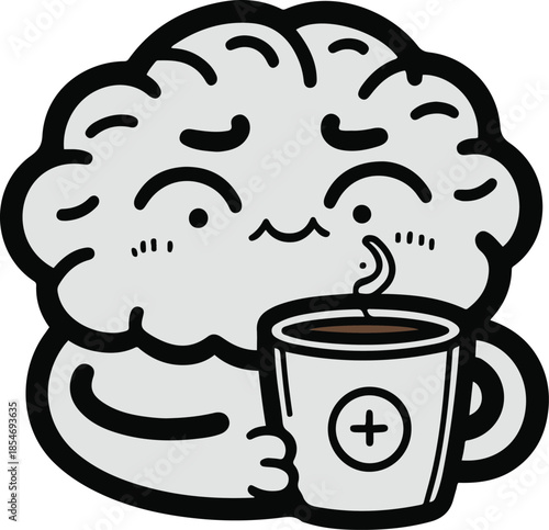 Cute cartoon brain with tired eyes and coffee cup, mental focus theme, modern sticker illustration, bold outline, transparent background