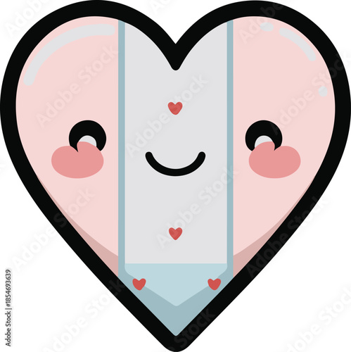 Cute heart character with bandage and smile, self-care theme, soft flat colors, sticker illustration, transparent background.