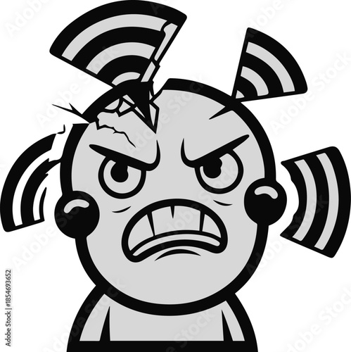 Frustrated Wi-Fi signal character with broken connection symbol, tech humor sticker, flat vector style, bold outline, transparent background