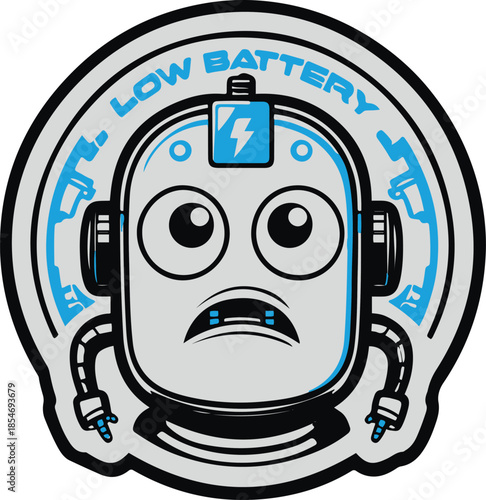 Funny caution sign character saying “Low Battery Energy”, humor tech sticker, thick outline, transparent background.