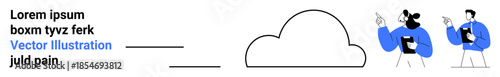 Cloud storage, teamwork, digital solutions, collaboration tools, data sharing, online platforms. Two people interacting around a cloud graphic. Cloud storage and teamwork concept