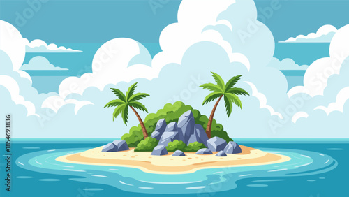 Serene Tropical Island Scene with Palm Trees and Rocky Outcrops, a Vector Illustration
