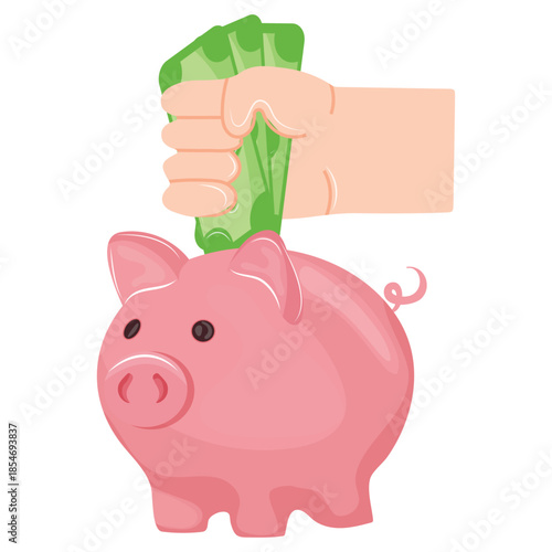 icon of a pink piggy bank and a hand holding green paper bills in its fist, for thematic designs on the topic of business, banking and finance