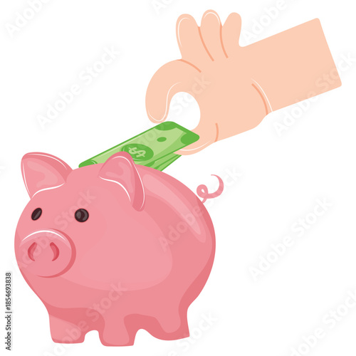 color icon of a pink piggy bank and a hand holding green paper bills between its fingers, for thematic designs on the subject of business, banking and finance