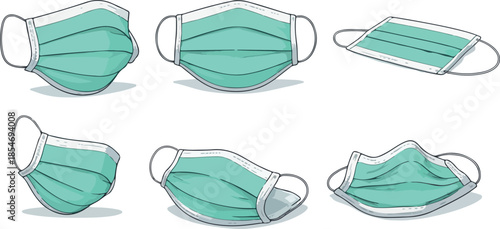 set of icons of blue protective medical masks in different perspectives and shapes, for thematic designs on the topic of disease prevention and treatment