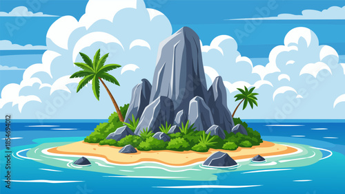 Tropical island getaway scene with palm trees and rocky outcrops in a serene ocean vector illustration