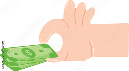 icon of a human hand holding green paper banknotes with its fingers, for thematic designs on the subject of business, banking and finance