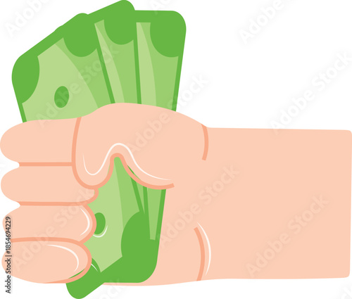 icon of a human hand holding green banknotes in its fist, for thematic designs on the subject of business, banking and finance
