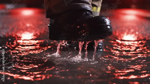 Splashing boot in red water puddle