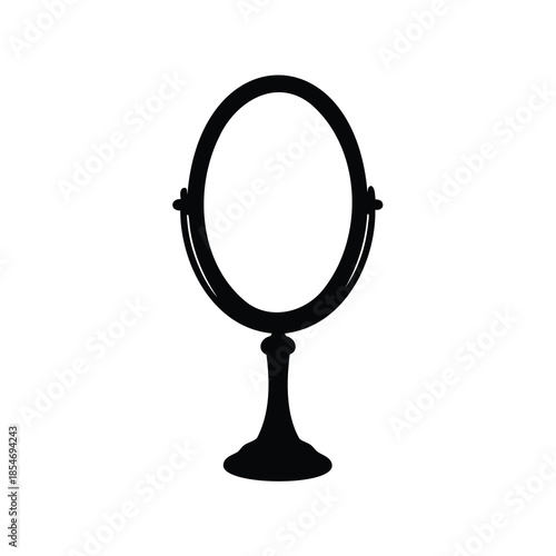 Elegant black and white silhouette illustration of a standing, ornate, oval mirror