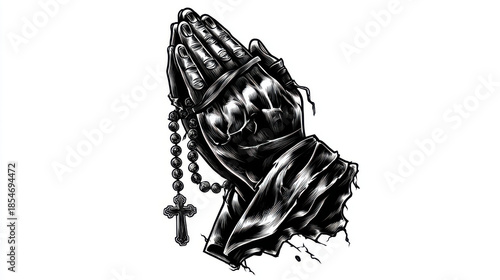 Praying hands with rosary beads, a symbol of faith and devotion. This image depicts clasped hands holding a rosary, a powerful symbol of prayer and religious devotion within Christianity.