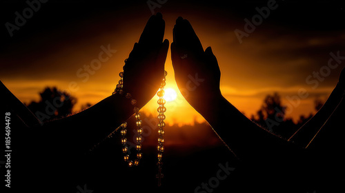 Hands in prayer with a rosary silhouetted against a sunset. Silhouette of hands holding a rosary in prayer against a vibrant sunset, symbolizing faith and devotion.