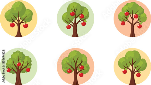 Apple tree icon set with colorful circular backgrounds representing nature harvest organic food gardening education and eco friendly illustration concepts