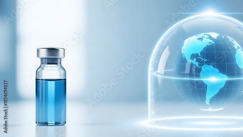 Vaccine vial and a glowing globe under a protective dome, symbolizing global health security, medical innovation, and the crucial role of immunization in safeguarding humanity