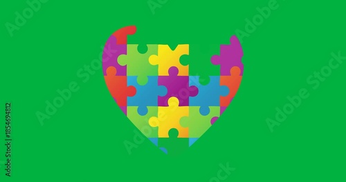 Animation of multi coloured puzzle elements forming square Autism Awareness Month symbol