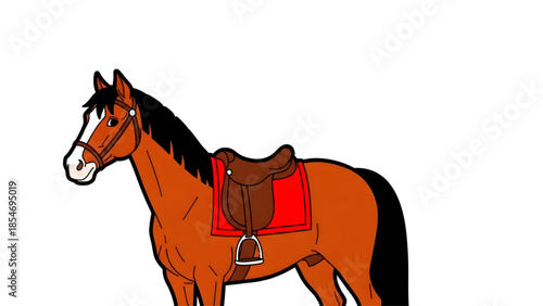 Cartoon illustration of a brown horse with a saddle and bridle, depicted in a simple, flat style, ready for riding and equestrian activities