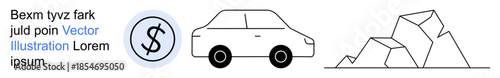 Financial stability, transportation economy, travel, geology, budgeting, savings. Car icon next to a dollar symbol and rocks. Financial stability and transportation economy concept