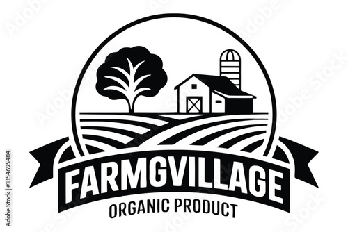 Black and white farm village logo with barn silo tree and fields vector
