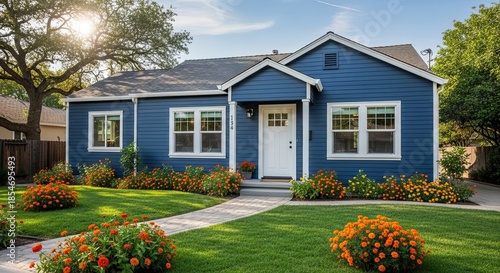 Front exterior view of a modern blue suburban house with white windows and door, surrounded by a vibrant green lawn and bright orange flower beds