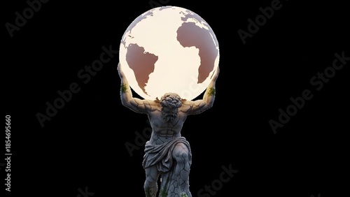 Statue strongly holds the world overhead in dark backdrop