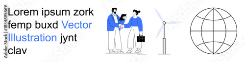 Business growth, teamwork, renewable energy, environmental sustainability, global connectivity, innovation. Two people shaking hands, a wind turbine and a globe. Business growth and renewable energy