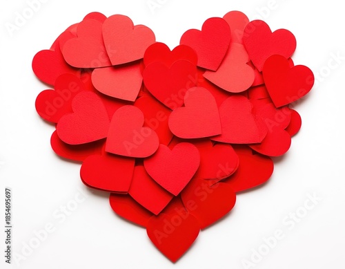 Red paper hearts folded into a heart shape on a white background. Valentine's Day card.