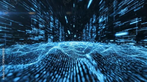 Glowing Blue Digital Data Particles Flowing in Dark Cyberspace, Technology Background 4k ,video