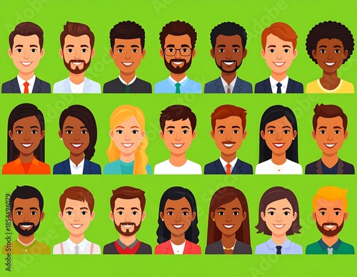 Diverse collection of smiling avatar portraits, green background