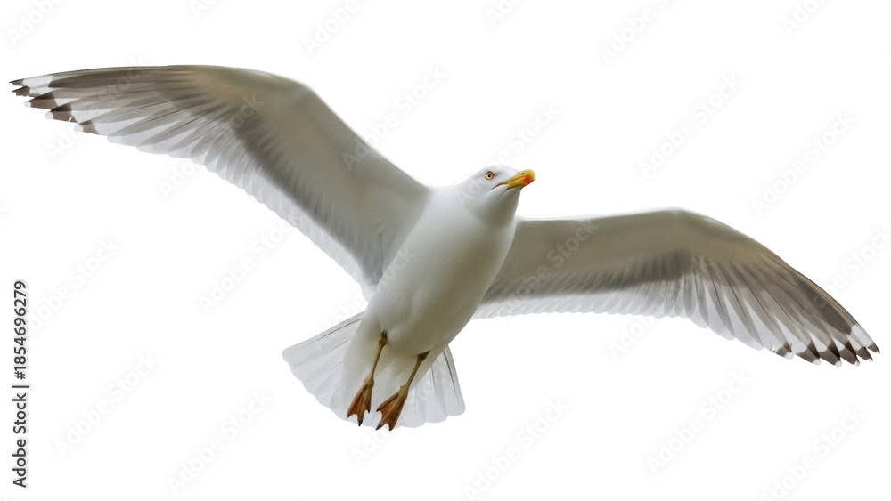 Fototapeta premium Isolated Flying Seagull with Wings Spread for Stock Photography and Design Needs Today