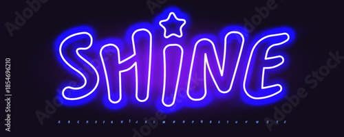 Shine Neon Blue Font Logo Alphabet Vector Violet Light Effect Letter Set Modern Typography, Shiny Glow Typographic Design for Title Text, Typo Poster Headline, Led Contour Fonts. Vector Typeface