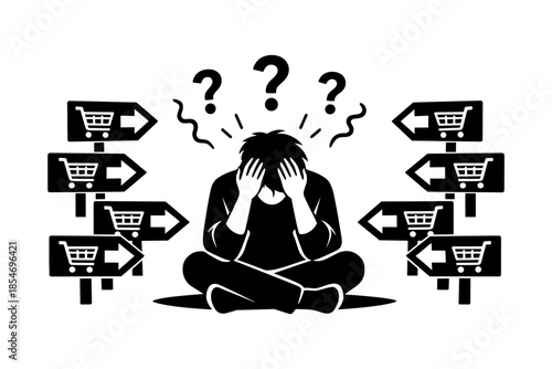 Person overwhelmed by shopping choices, surrounded by signs with shopping carts