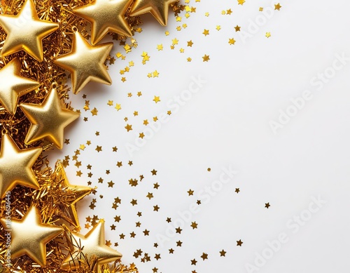 Golden stars on a white background with space for text. Christmas New Year holiday background