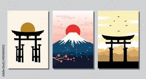 Japanese vintage retro poster set in minimal line art style. Abstract template with layout design in oriental style and geometric pattern. Design for wall decoration, postcard, poster or brochure