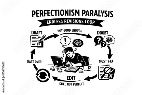 Perfectionism paralysis endless revisions loop diagram showing frustration and doubt