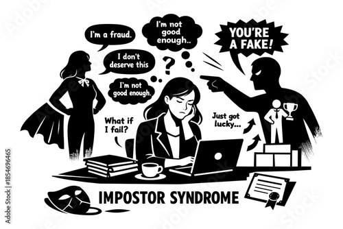 Impostor syndrome illustration showing self-doubt and external criticism