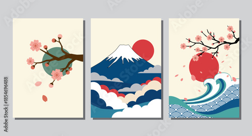 Japanese vintage retro poster set in minimal line art style. Abstract template with layout design in oriental style and geometric pattern. Design for wall decoration, postcard, poster or brochure