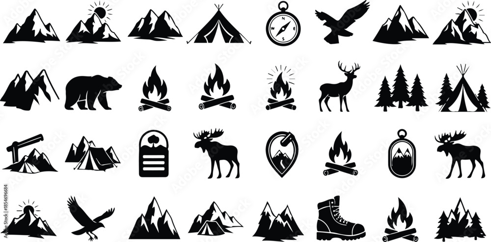 Fototapeta premium Outdoor wilderness camping adventure icons