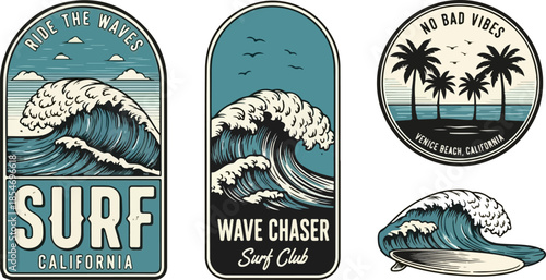 Surfing themed stickers and decals with wave and palm tree designs