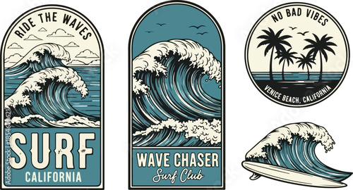 Surfing stickers and decals with wave and palm tree designs