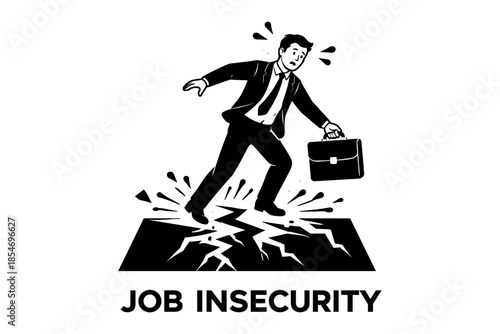 Businessman with briefcase stepping on cracking ground symbolizing job insecurity
